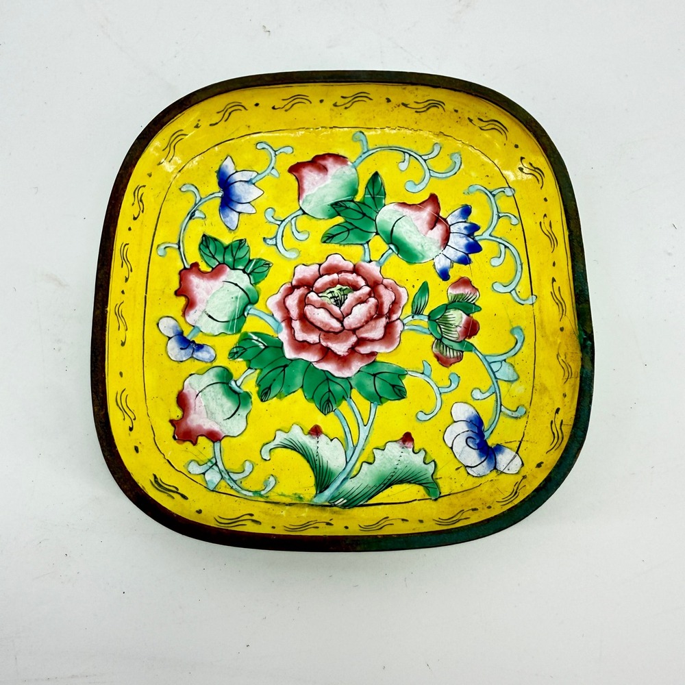 Cloisonne Enamel Trinket Dish Unisex 4in Yellow Pink Peony Floral‎ Tray